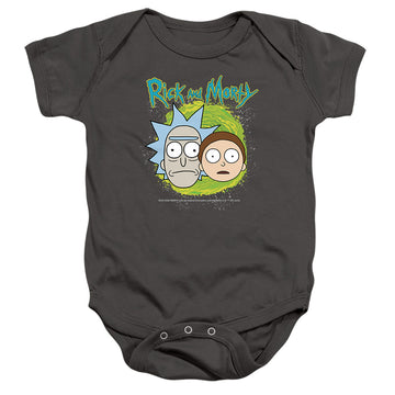 Charcoal baby bodysuit with Rick and Morty Floating Heads graphic