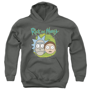 Charcoal youth hoodie for ages 8 to 12 with Rick and Morty Floating Heads graphic