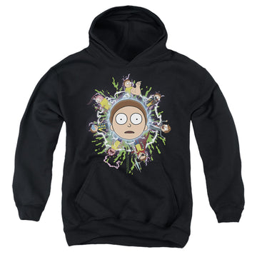 Black youth hoodie for ages 8 to 12 with Rick and Morty Multiple Morty graphic