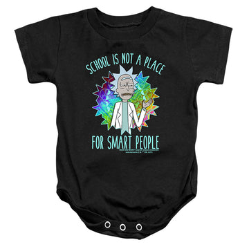 Black baby bodysuit with Rick and Morty School graphic