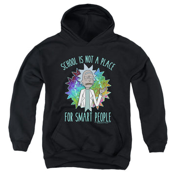Black youth hoodie for ages 8 to 12 with Rick and Morty School graphic