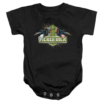 Black baby bodysuit with Rick and Morty Pickle Rick graphic