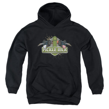 Black youth hoodie for ages 8 to 12 with Rick and Morty Pickle Rick graphic