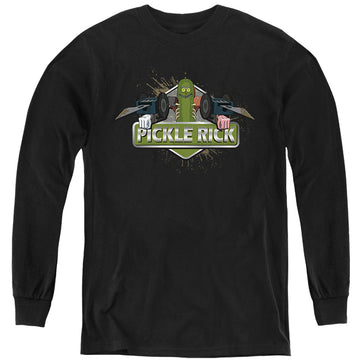 Black youth long sleeve t-shirt with Rick and Morty Pickle Rick graphic