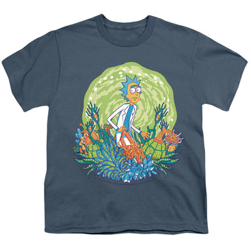 Slate youth t-shirt for ages 8 to 12 with Rick and Morty Ricktanical Rick graphic