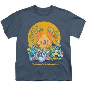 Slate youth t-shirt for ages 8 to 12 with Rick and Morty Rest And Ricklaxation graphic