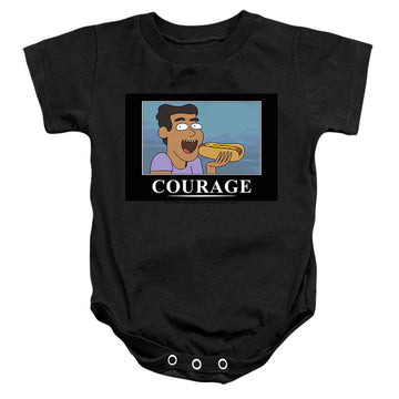 Black baby bodysuit with Rick and Morty Courage Poster graphic