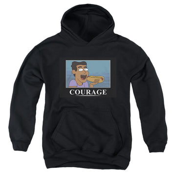 Black youth hoodie for ages 8 to 12 with Rick and Morty Courage Poster graphic