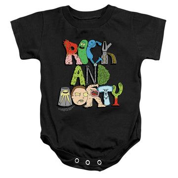 Black baby bodysuit with Rick and Morty Illustrated Logo graphic