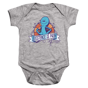 Athletic heather baby bodysuit with Rick and Morty Existence Is Pain graphic