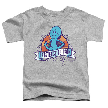 Athletic heather toddler t-shirt with Rick and Morty Existence Is Pain graphic