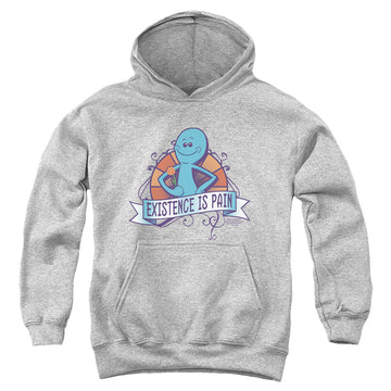 Athletic heather youth hoodie for ages 8 to 12 with Rick and Morty Existence Is Pain graphic