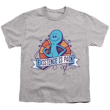 Athletic heather youth t-shirt for ages 8 to 12 with Rick and Morty Existence Is Pain graphic