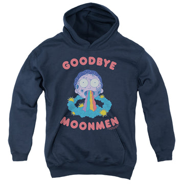 Navy youth hoodie for ages 8 to 12 with Rick and Morty Goodbye Moonmen graphic