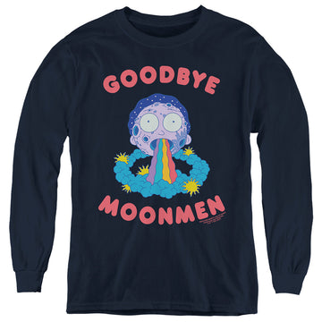 Navy youth long sleeve t-shirt with Rick and Morty Goodbye Moonmen graphic