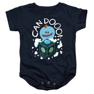 Navy baby bodysuit with Rick and Morty Can Do graphic