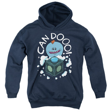Navy youth hoodie for ages 8 to 12 with Rick and Morty Can Do graphic