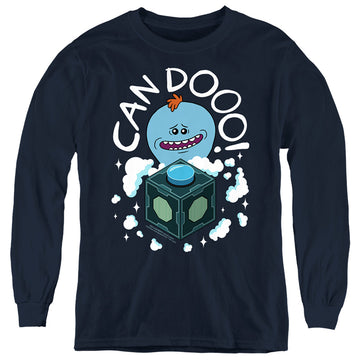 Navy youth long sleeve t-shirt with Rick and Morty Can Do graphic