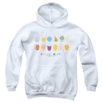 White youth hoodie for ages 8 to 12 with Rick and Morty Get Schwifty graphic