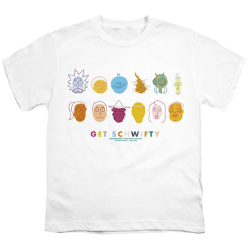 White youth t-shirt for ages 8 to 12 with Rick and Morty Get Schwifty graphic