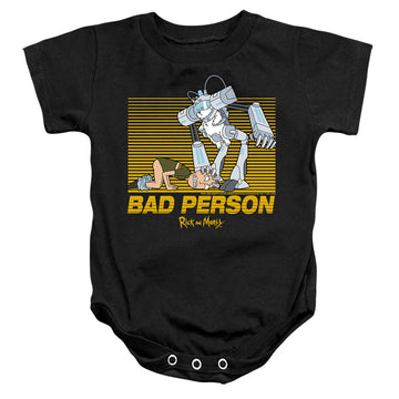Black baby bodysuit with Rick and Morty Bad Person graphic