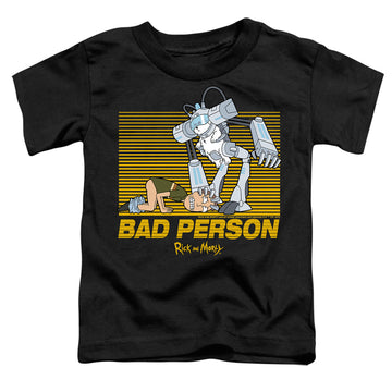 Black toddler t-shirt with Rick and Morty Bad Person graphic
