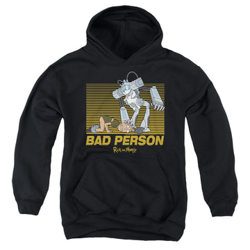Black youth hoodie for ages 8 to 12 with Rick and Morty Bad Person graphic