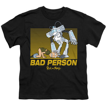Black youth t-shirt for ages 8 to 12 with Rick and Morty Bad Person graphic