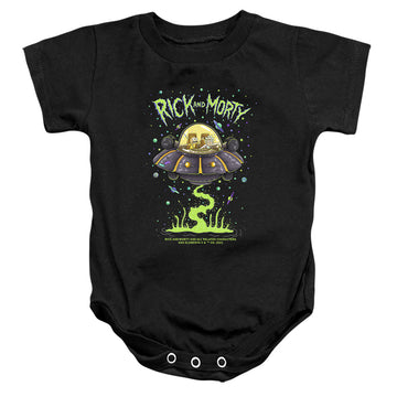 Black baby bodysuit with Rick and Morty Drunk Rick Ship graphic