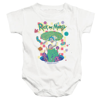 White baby bodysuit with Rick and Morty Falling Portals graphic
