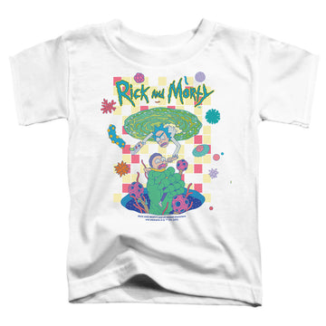 White toddler t-shirt with Rick and Morty Falling Portals graphic