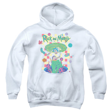 White youth hoodie for ages 8 to 12 with Rick and Morty Falling Portals graphic