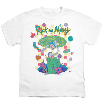 White youth t-shirt for ages 8 to 12 with Rick and Morty Falling Portals graphic