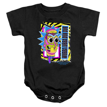 Black baby bodysuit with Rick and Morty Wubba Lubba Dub Dub graphic
