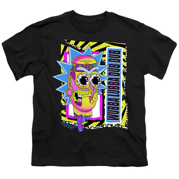 Black youth t-shirt for ages 8 to 12 with Rick and Morty Wubba Lubba Dub Dub graphic