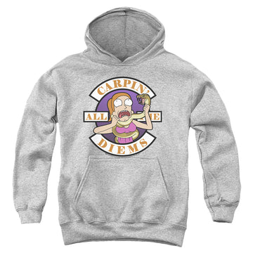 Athletic heather youth hoodie for ages 8 to 12 with Rick and Morty Carp En All Them Diems graphic