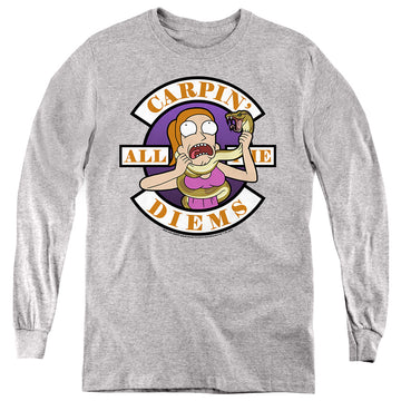 Athletic heather youth long sleeve t-shirt with Rick and Morty Carp En All Them Diems graphic