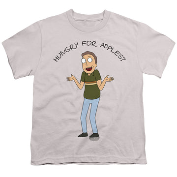 Silver youth t-shirt for ages 8 to 12 with Rick and Morty Hungry For Apples graphic