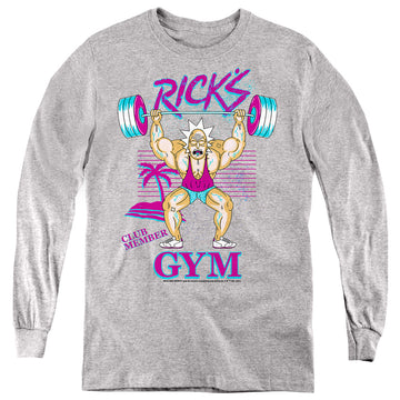 Athletic heather youth long sleeve t-shirt with Rick and Morty Ricks Gym graphic