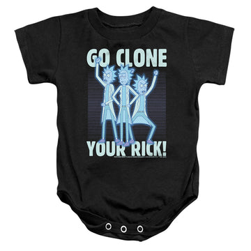 Black baby bodysuit with Rick and Morty Go Clone Your Rick graphic