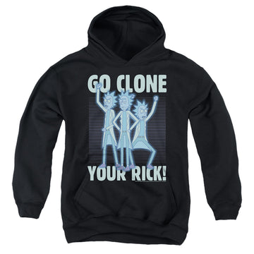 Black youth hoodie for ages 8 to 12 with Rick and Morty Go Clone Your Rick graphic