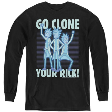 Black youth long sleeve t-shirt with Rick and Morty Go Clone Your Rick graphic
