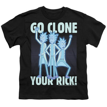 Black youth t-shirt for ages 8 to 12 with Rick and Morty Go Clone Your Rick graphic