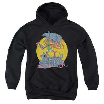 Black youth hoodie for ages 8 to 12 with Rick and Morty The Adventures Of Pickle Rick graphic