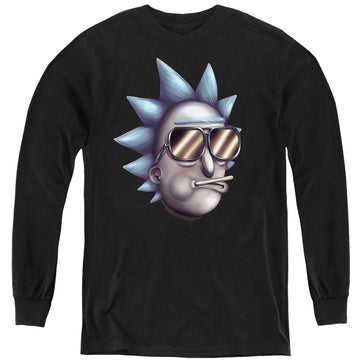 Black youth long sleeve t-shirt with Rick and Morty Cool Rick Alternate Reality graphic