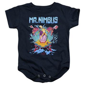 Navy baby bodysuit with Rick and Morty Mr. Nimbus Design graphic