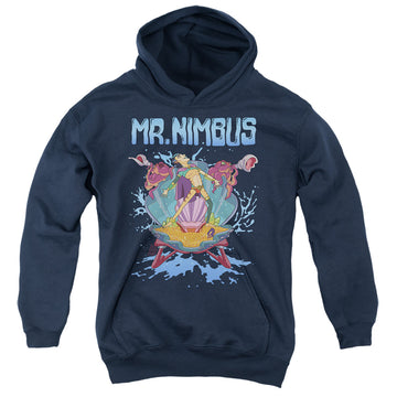 Navy youth hoodie for ages 8 to 12 with Rick and Morty Mr. Nimbus Design graphic