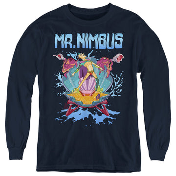 Navy youth long sleeve t-shirt with Rick and Morty Mr. Nimbus Design graphic