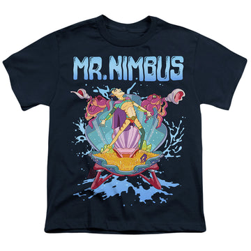 Navy youth t-shirt for ages 8 to 12 with Rick and Morty Mr. Nimbus Design graphic