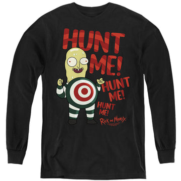 Black youth long sleeve t-shirt with Rick and Morty Hunt Me graphic
